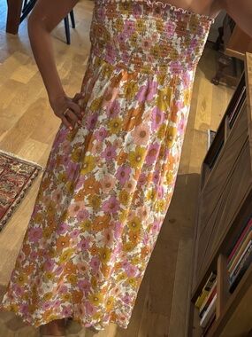 Auguste The Label Floral Smocked Midi Dress in Pink, Orange & Yellow